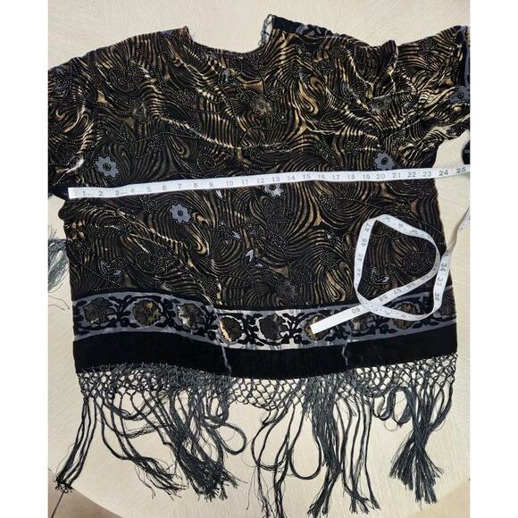 Vtg Aris A Piano Fringe Velvet Burnout Dramatic Open Jacket Black & Amber OS - Picture 8 of 10
